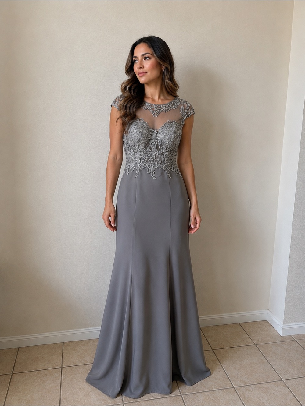Elegant Gray Lace Appliqué Evening Gown